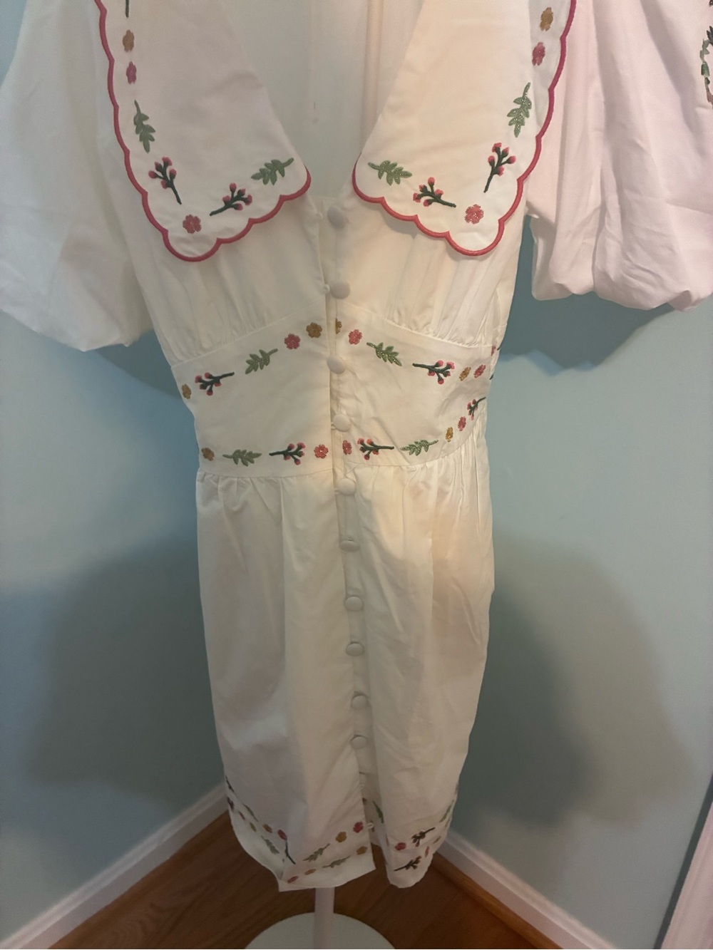 Caroline Constas Cream Dress with Pink and Green Embroidery